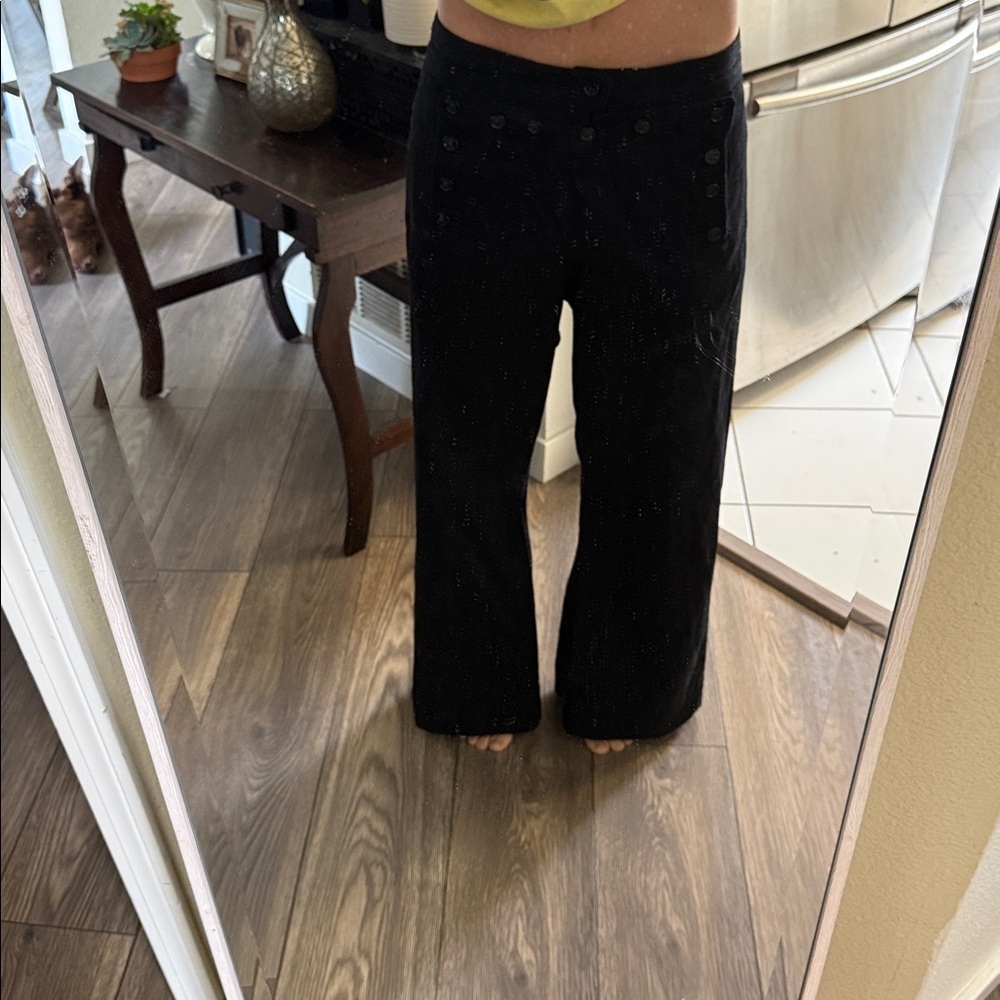 Unique wool front panel buttons Black Wide-Leg Pants sailor style - Picture 6 of 16